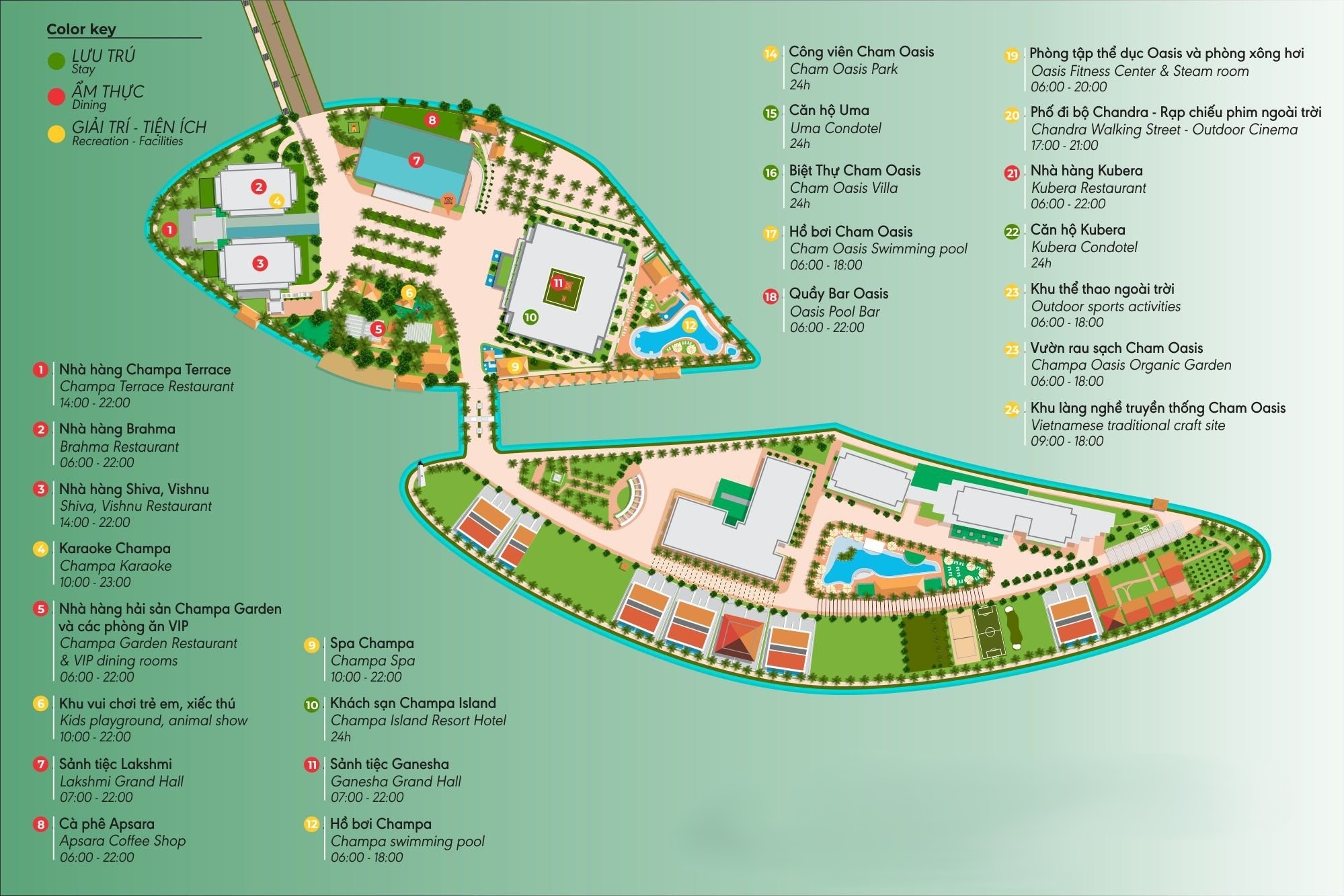 Sơ đồ mặt bằng tổng thể Cham Oasis Nha Trang với các khu biệt thự và condotel