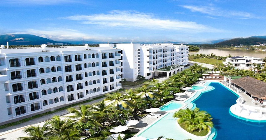 Phối cảnh tổng thể Cham Oasis Nha Trang với kiến trúc Chăm Pa và sông Cái