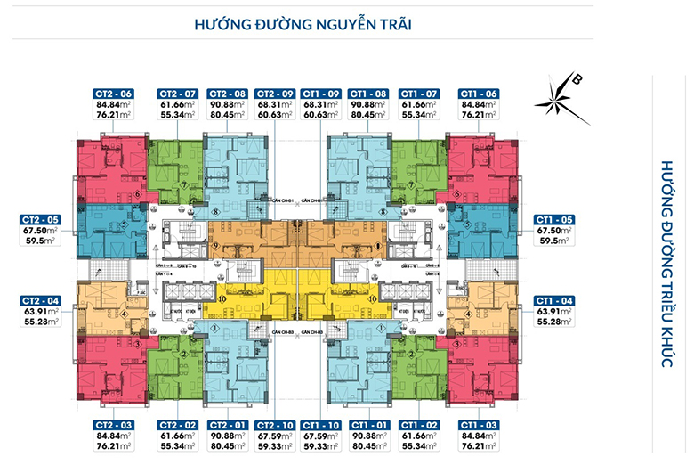 Mặt bằng điển hình căn hộ PCC1 Triều Khúc với các loại diện tích