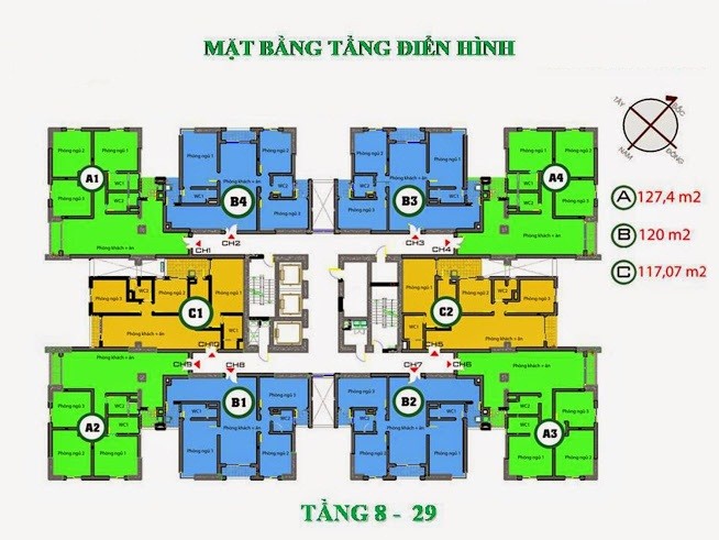Mặt bằng điển hình căn hộ 3 phòng ngủ HUD3 Tower