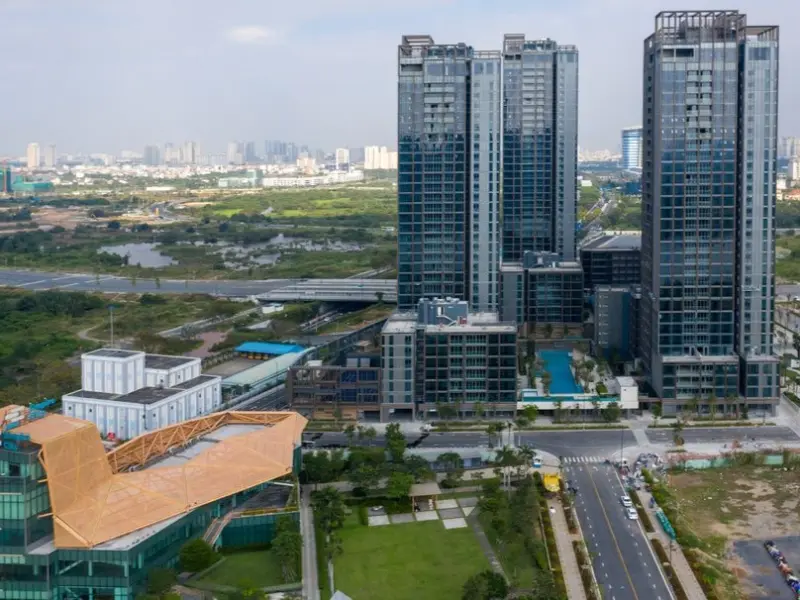 Dự án Empire City Thủ Thiêm nhìn từ trên cao, đại diện cho top 5 dự án căn hộ đáng sống TPHCM với vị trí trung tâm mới và thiết kế hiện đại.