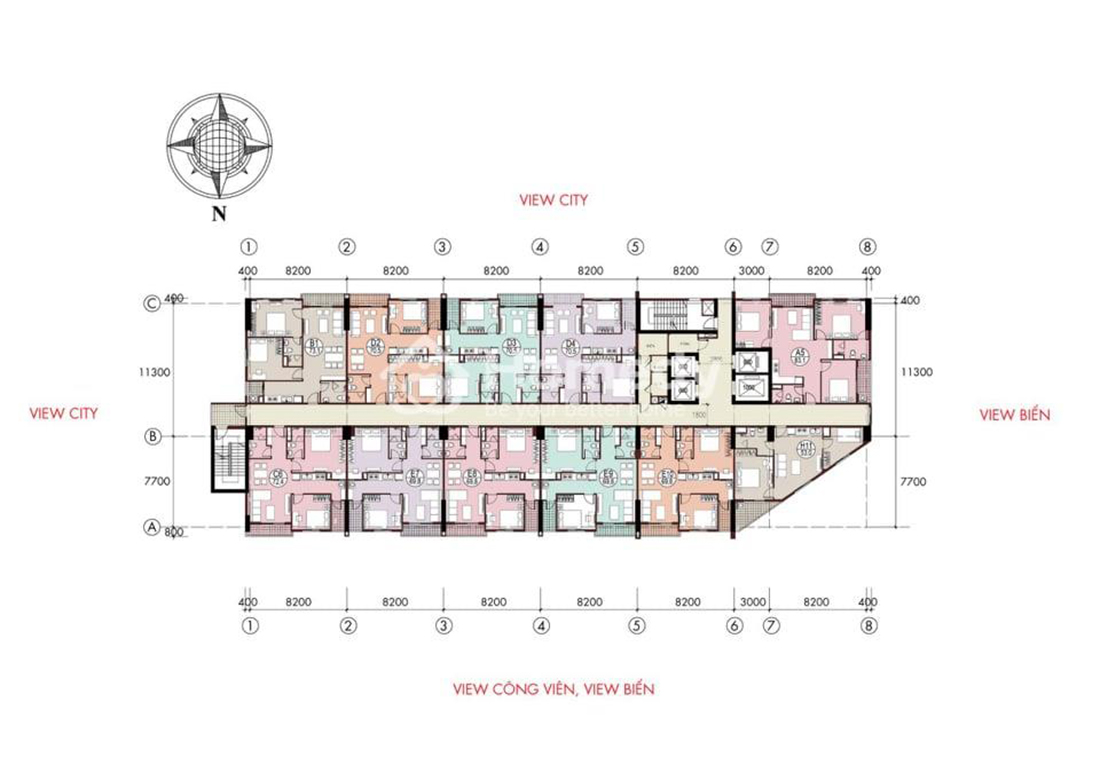 Mặt bằng điển hình căn hộ 1 phòng ngủ tại Nha Trang City Central