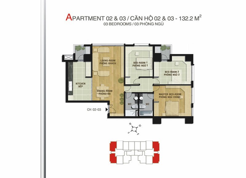 Sơ đồ mặt bằng điển hình căn hộ 3 phòng ngủ MIPEC Towers