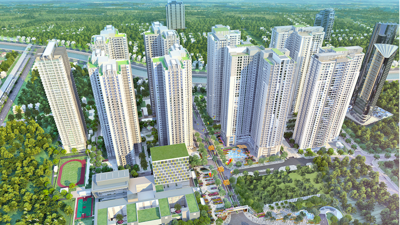 Thiết kế cảnh quan Goldmark City với hồ bơi và cây xanh