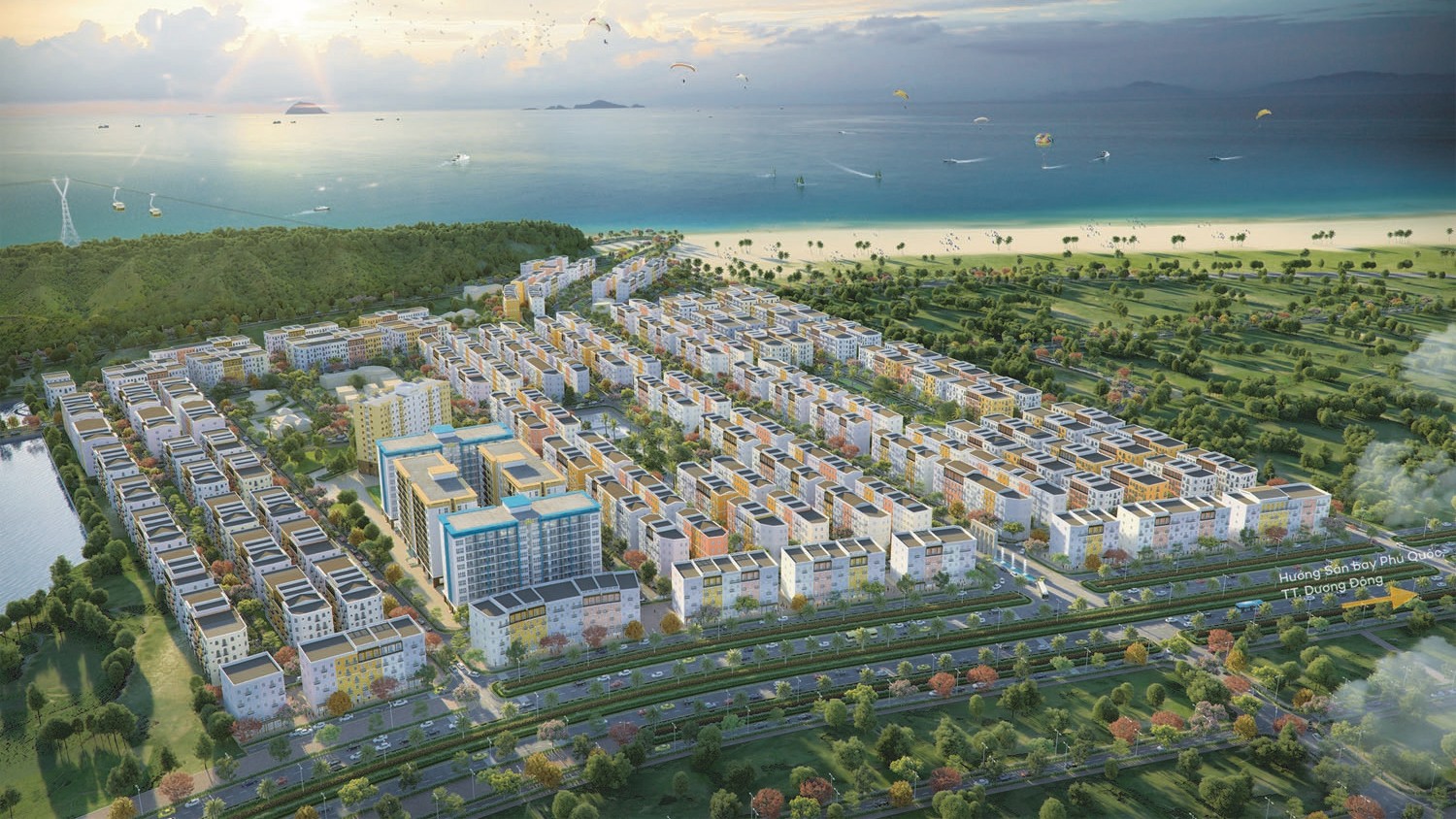 Phối cảnh khu đô thị Sun Grand City Nam Phú Quốc với kiến trúc Địa Trung Hải và công viên xanh