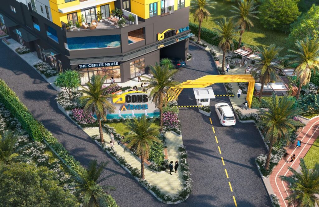 Hình mock up tầng trệt chung cư Bcons Avenue có đường xe chay, quán cà phê, cây xanh