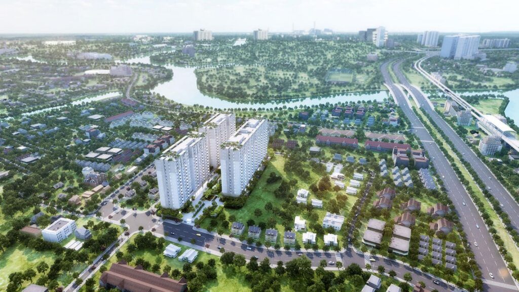 Hình phối cảnh tổng thể căn hộ chung cư Him Lam Phú An từ trên cao