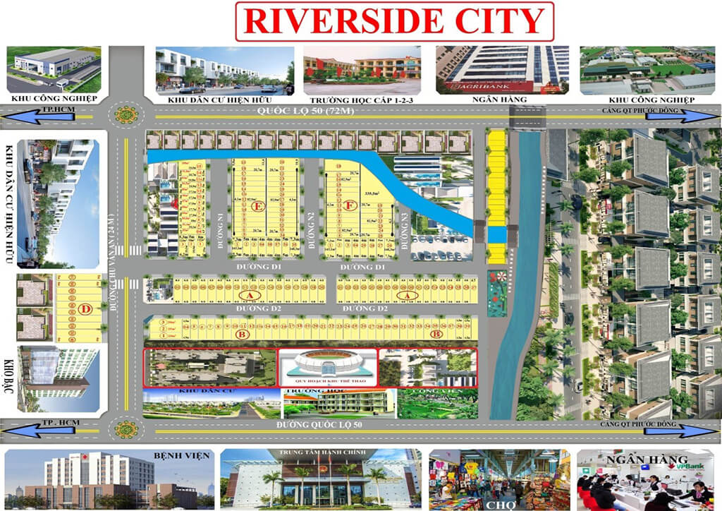 Sơ đồ tổng thể dự án Riverside City Long An với các phân khu rõ ràng