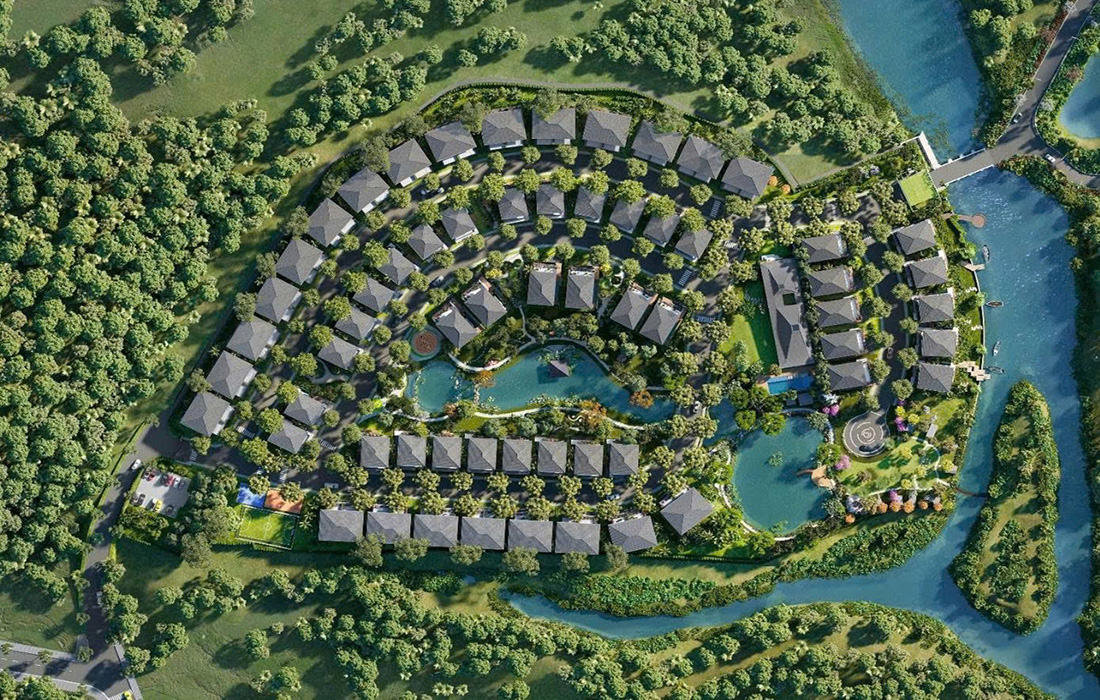 Toàn cảnh Khu nghỉ dưỡng Xanh Villas view suối