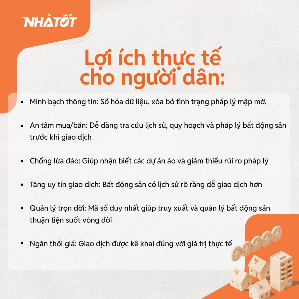 Hình ảnh tổng hợp các lợi ích thực tế khi áp dụng mã định danh điện tử cho bất động sản như minh bạch thông tin, chống lừa đảo, tăng uy tín giao dịch và quản lý tài sản hiệu quả lâu dài.