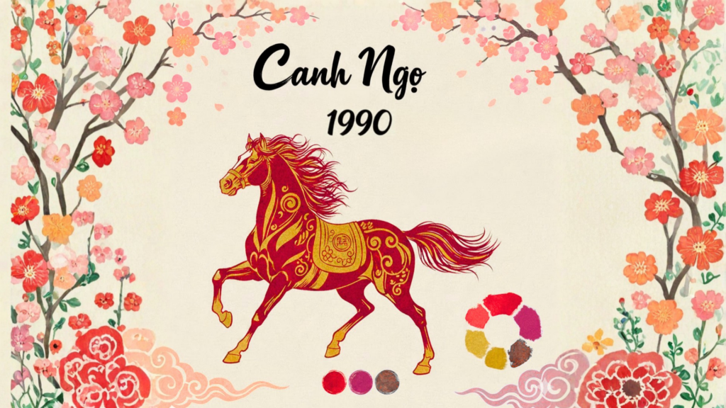 Tuổi Canh Ngọ ngày Tết nên mặc màu gì? Hình ảnh tuổi Canh Ngọ 1990 với biểu tượng ngựa đỏ vàng và bảng màu phong thủy ngày Tết hợp mệnh Thổ