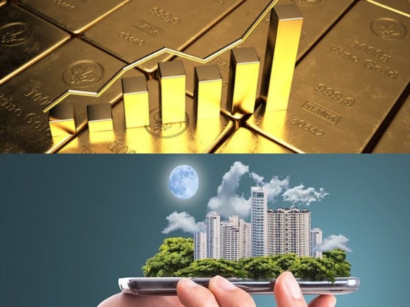 Hình ảnh kết hợp vàng miếng và khu đô thị, minh họa hai kênh đầu tư phổ biến là vàng và bất động sản trong bối cảnh tích lũy tài sản.