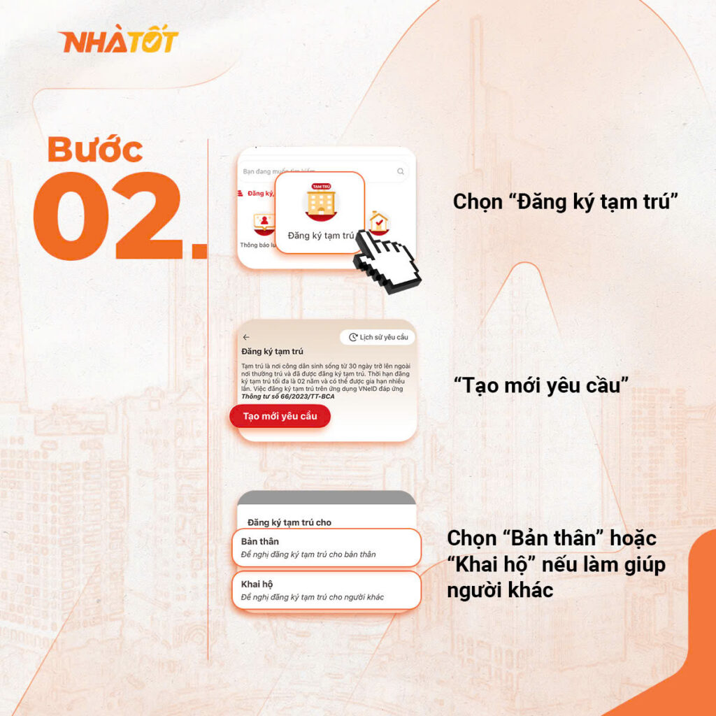 Hình minh họa thao tác chọn đăng ký tạm trú và tạo yêu cầu mới trên ứng dụng VNeID.