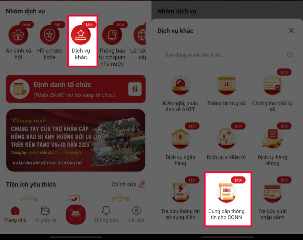 Hướng dẫn truy cập mục “Dịch vụ khác” và chọn tính năng “Cung cấp thông tin cho CQNN” trên ứng dụng VNeID.