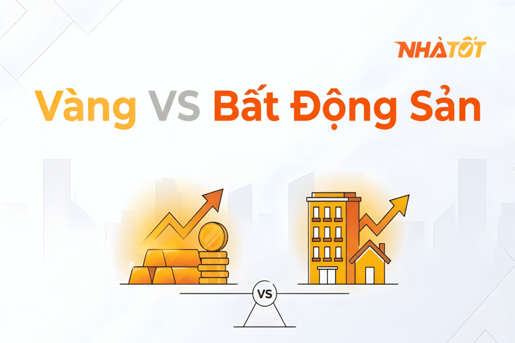 trực quan sự so sánh giữa đầu tư vàng và bất động sản, thể hiện tiềm năng tăng trưởng và lựa chọn kênh đầu tư phổ biến.