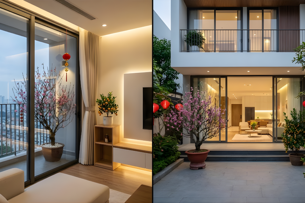 So sánh phong thủy đón Tết giữa nhà chung cư và nhà mặt đất không gian đón Tết tại căn hộ chung cư và nhà mặt đất với hoa đào, đèn lồng trang trí, làm nổi bật sự khác biệt trong cách bài trí và yếu tố phong thủy giữa hai loại hình nhà ở.