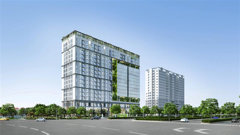 Phối cảnh tổng thể mặt đứng chung cư Calla Garden Bình Chánh với thiết kế mảng xanh đứng độc đáo bên cạnh mặt đường lớn thoáng đãng