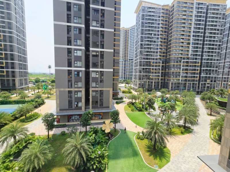 Khuôn viên nội khu giữa các block căn hộ với công viên cây xanh và lối đi bộ tại chung cư Lotus Garden Tân Phú