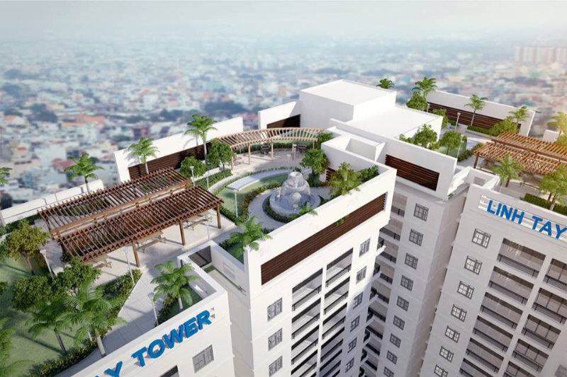Phối cảnh khu vườn trên sân thượng (sky garden) xanh mát với đài phun nước tại chung cư Linh Tây Tower