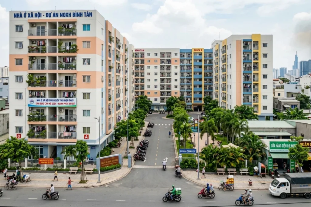 Toàn cảnh khu nhà ở xã hội Bình Tân với các block chung cư khang trang, bàn giao căn hộ cho người thu nhập thấp