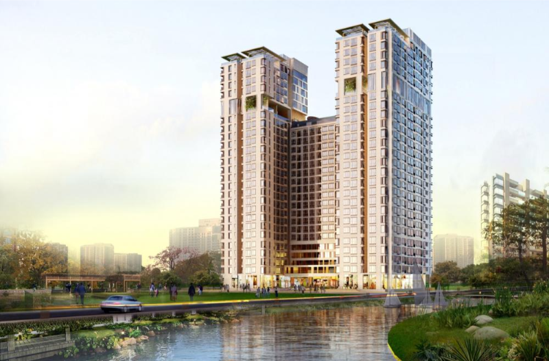 Phối cảnh kiến trúc hiện đại của chung cư The Golden Star với hai tòa tháp song song và cầu nối xanh trên cao