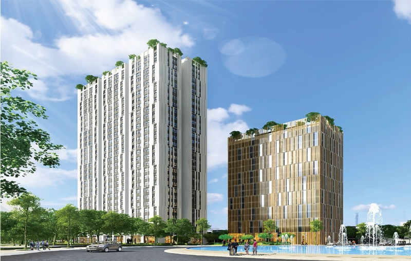 Bản phối cảnh 3D tòa tháp căn hộ Citi Esto và tòa tháp căn hộ văn phòng mạ màu gold sang trọng bên cạnh hồ nước