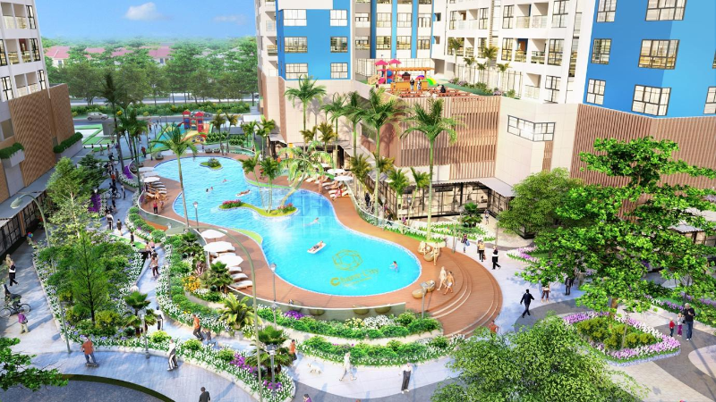 Phối cảnh khu hồ bơi ốc đảo và các khối nhà hiện đại tại dự án Charm City Charm Plaza Bình Dương