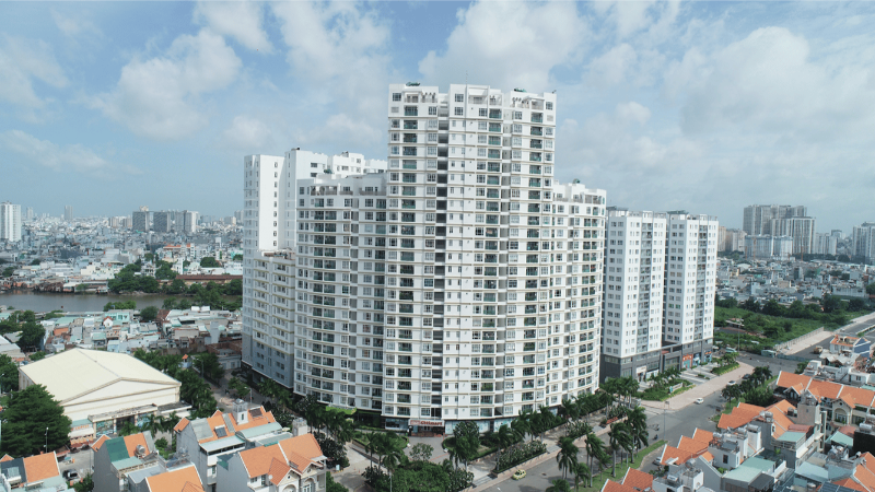 Toàn cảnh khối đế và các tòa tháp chung cư Him Lam Riverside Quận 7 từ góc nhìn trên cao