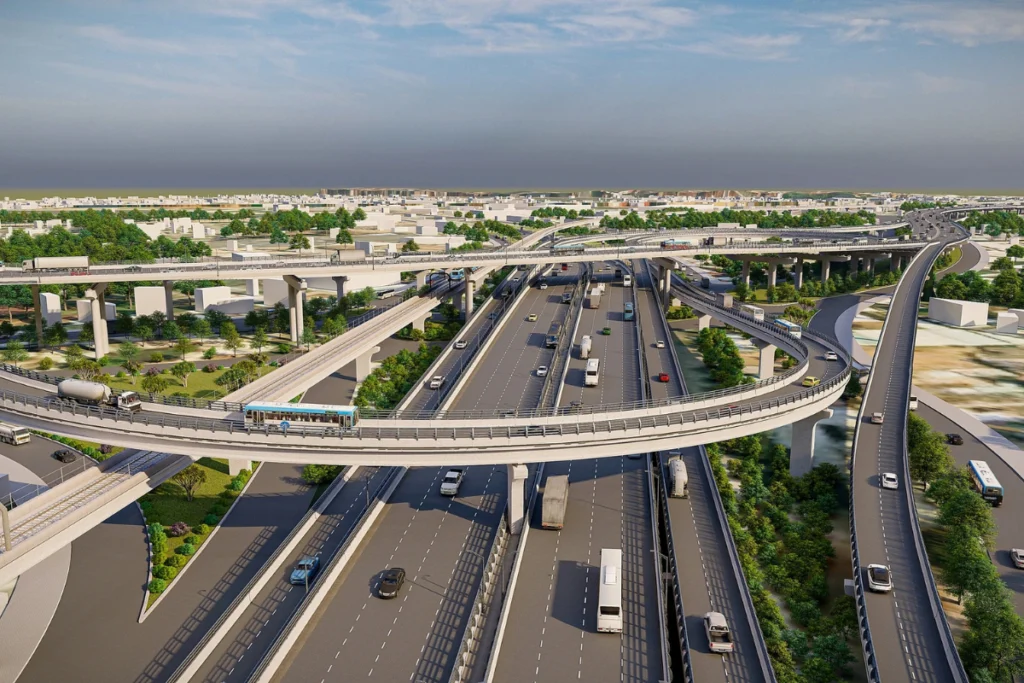 Phối cảnh nút giao hiện đại trên đường vành đai 3 thành phố Hồ Chí Minh kết nối đa tầng giữa các trục cao tốc và đường đô thị