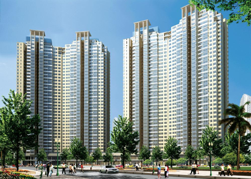 Phối cảnh hai tòa tháp căn hộ chung cư Saigon Intela Bình Chánh với thiết kế hiện đại, nhiều ô kính và không gian cảnh quan phía dưới