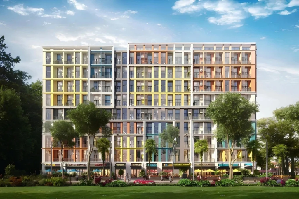 Bản vẽ phối cảnh tòa nhà chung cư nhà ở xã hội phối màu khối hộp bắt mắt với khối đế thương mại sầm uất, minh họa trực quan cho bài đánh giá có nên mua NOXH Nam Lý Quận 9