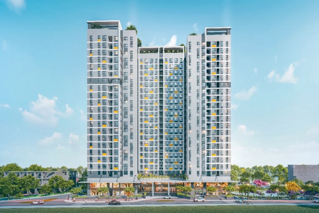 Bản vẽ phối cảnh 3D tổ hợp khối tòa tháp chung cư nhà ở xã hội hiện đại phối các ô màu vàng chanh và ghi xám nổi bật