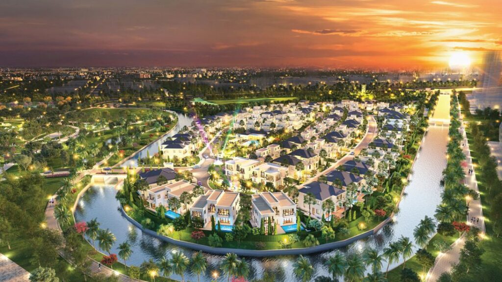 Cảnh quan hồ bơi resort và phố thương mại nội khu Waterpoint Long An