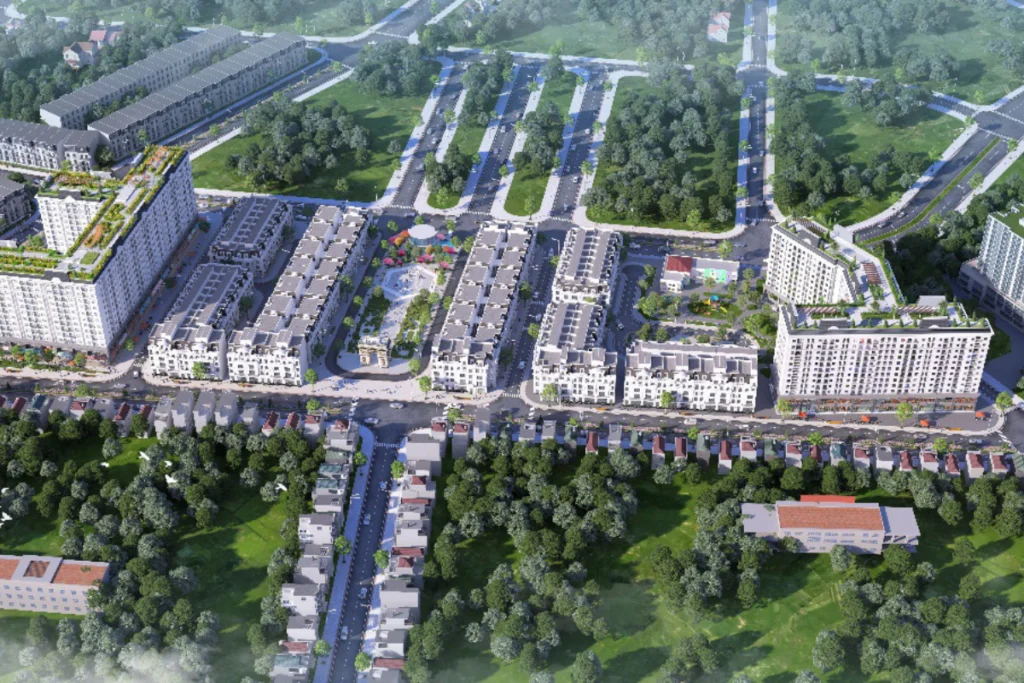 Phối cảnh 3D góc nhìn rộng từ trên cao của một khu đô thị hiện đại, quy hoạch đồng bộ với trục đường nội khu ở giữa