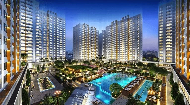 Phối cảnh khu căn hộ Akari City rực rỡ ánh đèn bên hồ bơi nội khu hiện đại