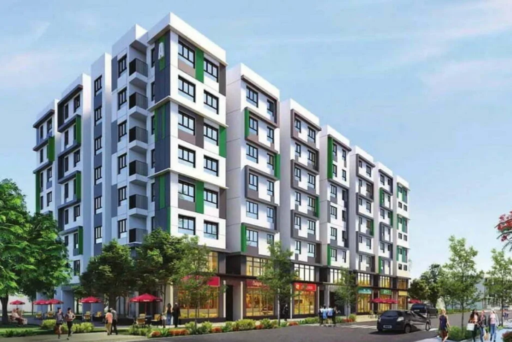 Bản vẽ phối cảnh 3D các khối block chung cư nhà ở xã hội thấp tầng có khuôn viên đường nội khu, minh họa trực quan cho câu hỏi có nên mua NOXH Dragon E-Home