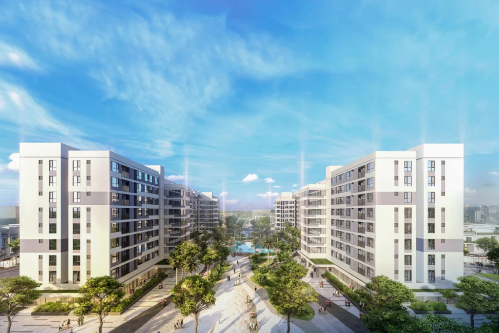 Phối cảnh đồ họa 3D toàn cảnh tổ hợp căn hộ nhà ở xã hội HUD với thiết kế hiện đại, đối xứng hai bên dải công viên đi bộ trung tâm