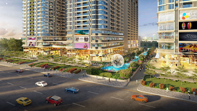 Phối cảnh không gian mua sắm sầm uất tại khối đế chung cư Astral City Thuận An Bình Dương với đường dạo bộ nội khu, kênh cảnh quan và các cửa hàng thời trang sang trọng.