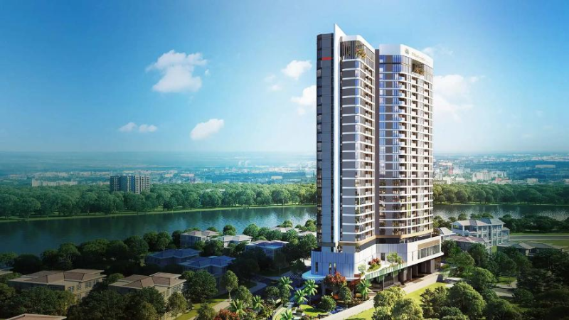Toàn cảnh tòa tháp chung cư cao cấp Thảo Điền Green vươn cao bên cạnh dòng sông Sài Gòn và khu biệt thự thấp tầng mảng xanh trải dài