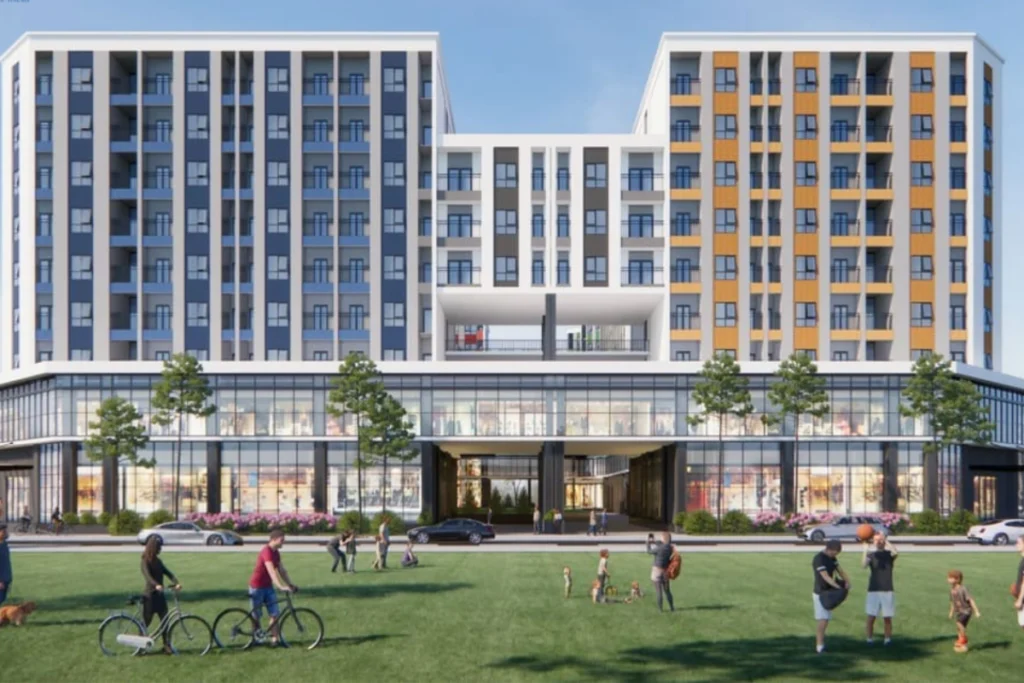 Bản vẽ phối cảnh 3D mặt trước tòa nhà ở xã hội Green Link City Tiên Dương với hai khối tháp màu xanh và cam nổi bật bên cạnh công viên mảng xanh