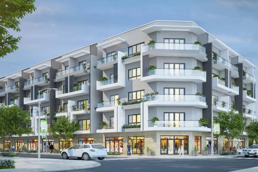 Phối cảnh góc đường khối căn hộ hiện đại có shophouse tầng trệt dự án nhà ở xã hội Him Lam Thượng Thanh