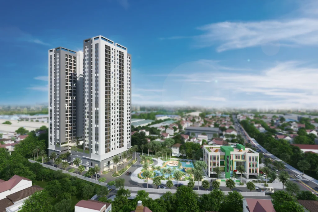 Bản vẽ phối cảnh 3D tổng thể dự án nhà ở xã hội Tân Đông Hiệp Dĩ An gồm hai tòa tháp căn hộ cao tầng kết hợp trường học và công viên nội khu