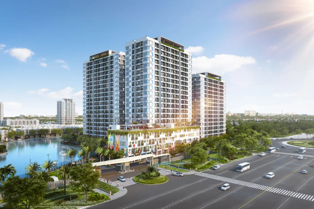 Bản vẽ phối cảnh 3D góc rộng từ trên cao cụm tòa tháp chung cư hiện đại có khối đế phủ xanh nằm cạnh hồ nước và trục lộ lớn