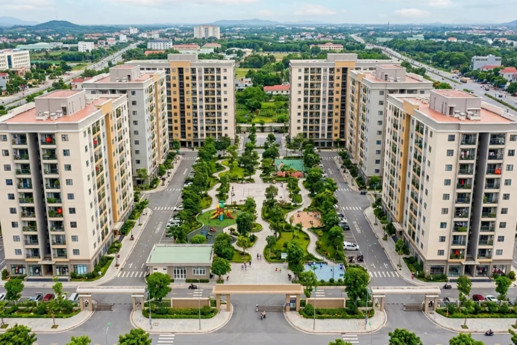 Tổ hợp chung cư nhà ở xã hội quy mô lớn nhìn từ trên cao với các block nhà đối xứng nhau qua một khuôn viên công viên cây xanh rộng lớn