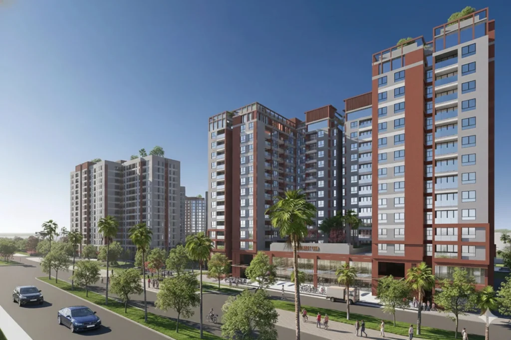 Phối cảnh góc rộng tổ hợp chung cư nhà ở xã hội khối màu nâu đỏ hiện đại