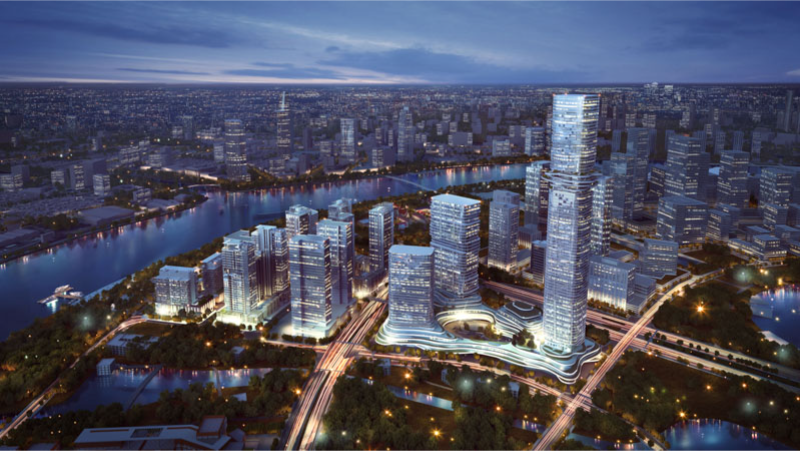 Phối cảnh tổng thể từ trên cao khu phức hợp căn hộ cao cấp Empire City Thủ Thiêm Quận 2 lung linh ánh đèn về đêm với điểm nhấn tháp quan sát Empire 88 Tower rực sáng cạnh sông Sài Gòn