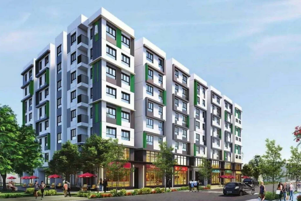 Ảnh phối cảnh 3D góc nhìn từ trên cao của một tổ hợp chung cư cao tầng hiện đại bao gồm các tòa tháp sơn màu trắng xám bao quanh