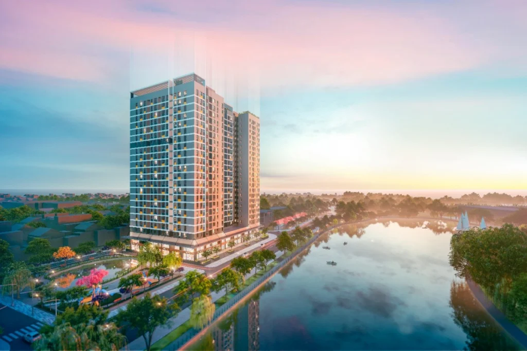 Phối cảnh toàn cảnh tòa chung cư Rice City Thượng Thanh bên hồ điều hòa lung linh lúc hoàng hôn