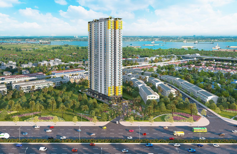 Chung cư giá rẻ Bình Dương nên mua khu nào giữa Thuận An, Dĩ An và Thủ Dầu Một? Phối cảnh tòa tháp chung cư cao tầng hiện đại với điểm nhấn sơn màu vàng ở khối đế và tầng mái, tọa lạc ngay mặt tiền đường lộ lớn, phía sau là dòng sông rộng tại Bình Dương
