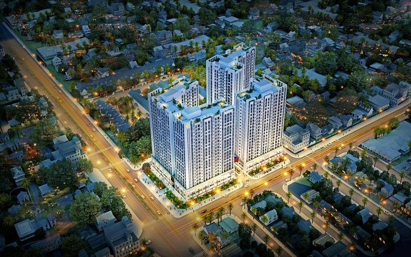 Phối cảnh tổng thể từ trên cao các block căn hộ RichStar Tân Phú lung linh ánh đèn giao lộ Hòa Bình và Tô Hiệu về đêm